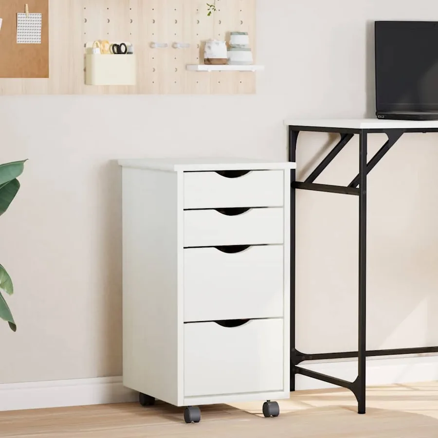 Armoire roulante avec tiroirs MOSS blanc bois de pin solide