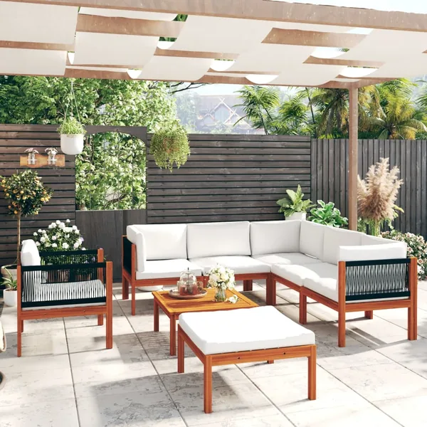 Salon de jardin 8 pièces avec coussins, bois d'acacia crème et corde