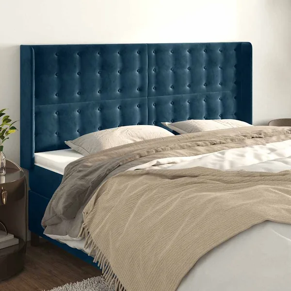 Tête de lit avec oreilles Bleu foncé 203x16x118/128 cm Velours