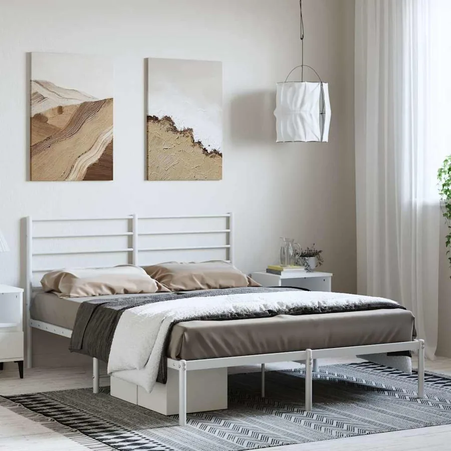 Cadre de lit métal sans matelas et tête de lit blanc 150x200 cm