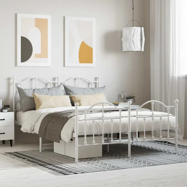Cadre de lit métal sans matelas et pied de lit blanc 140x190 cm