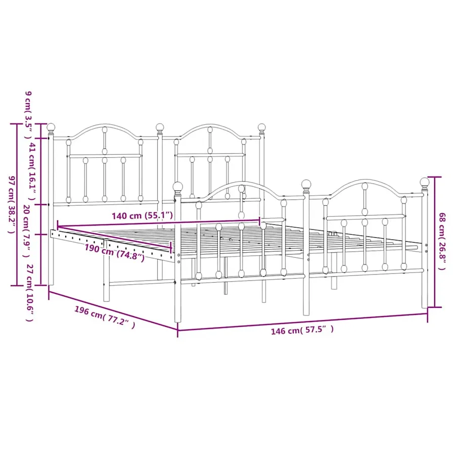 Cadre de lit métal sans matelas et pied de lit blanc 140x190 cm - 9