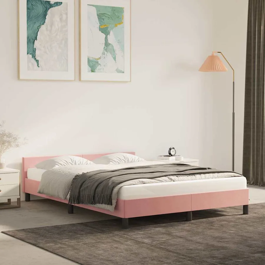 Cadre de lit et tête de lit sans matelas rose 140x190cm velours
