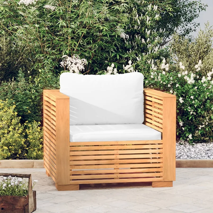 Fauteuil de jardin avec coussins crème Bois de teck massif