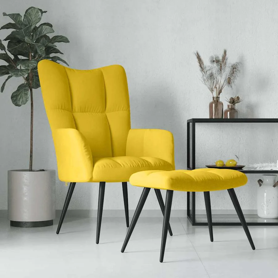 Fauteuil relax avec tabouret en velours jaune moutarde