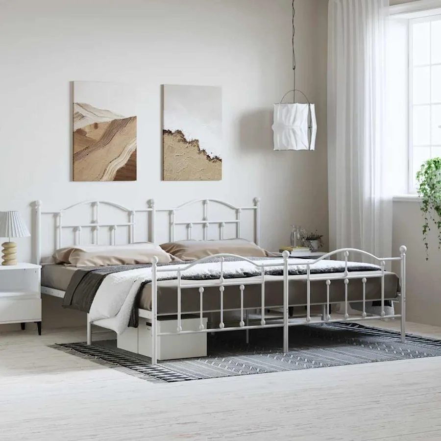 Cadre de lit métal sans matelas et pied de lit blanc 193x203 cm