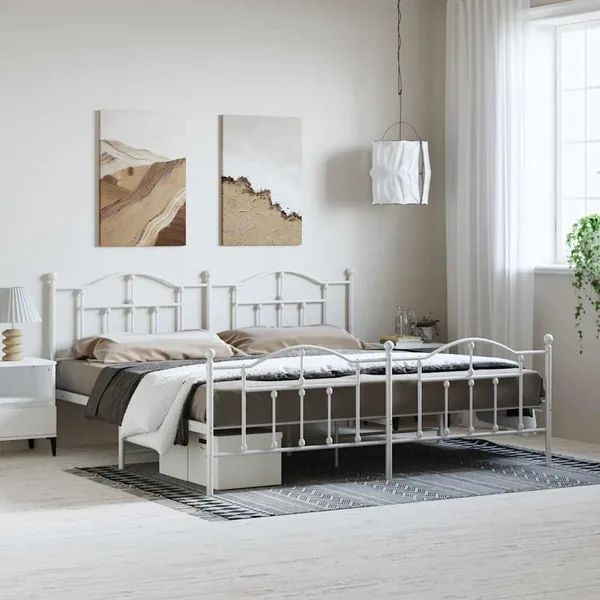 Cadre de lit métal sans matelas et pied de lit blanc 193x203 cm