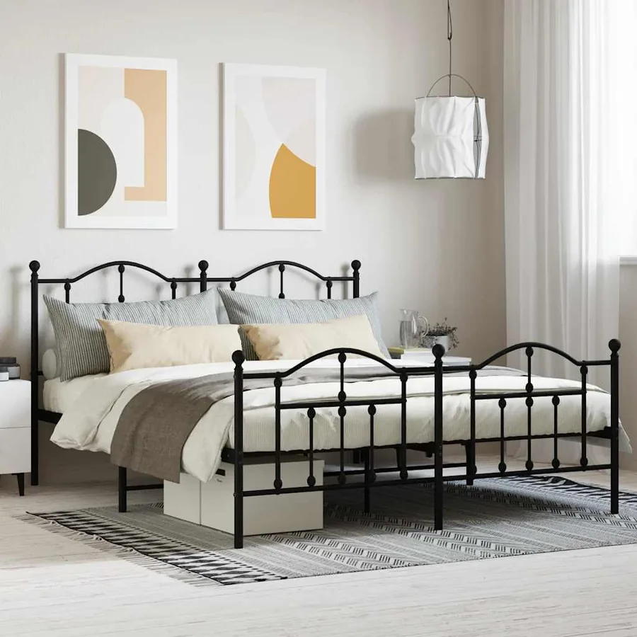 Cadre de lit métal sans matelas avec pied de lit noir 160x200cm