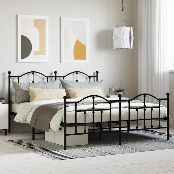 Cadre de lit métal sans matelas avec pied de lit noir 160x200cm