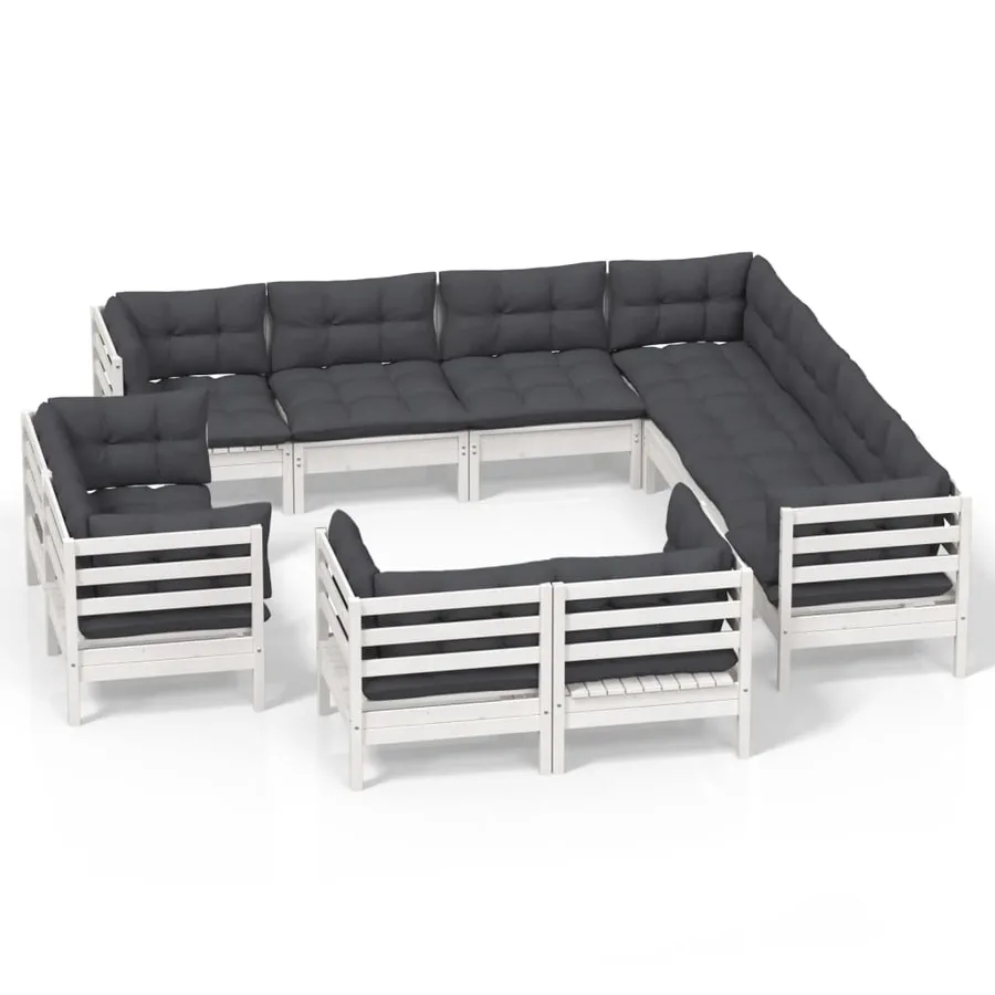 Salon de jardin 11 pcs avec coussins blanc bois de pin solide - 2