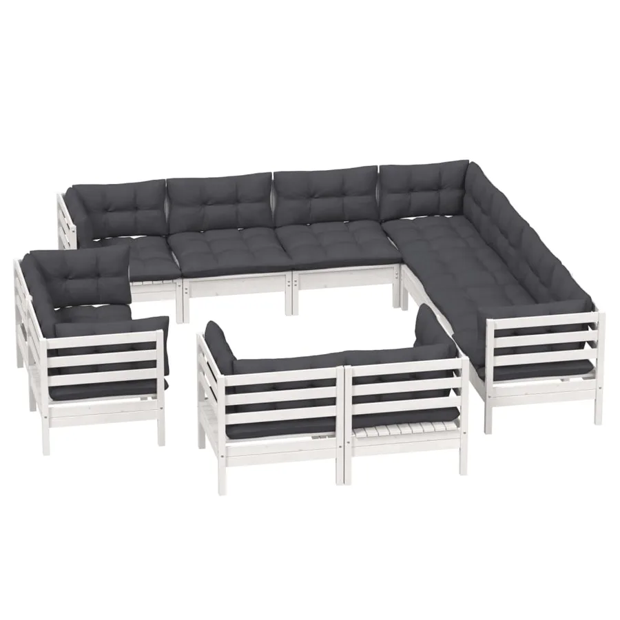 Salon de jardin 11 pcs avec coussins blanc bois de pin solide - 3