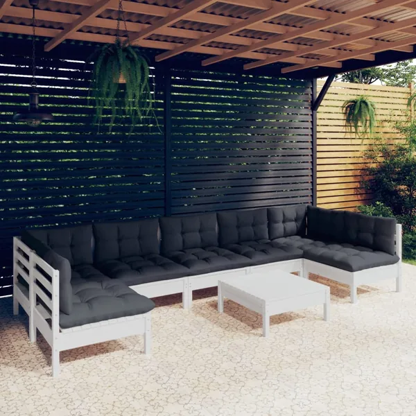 Salon de jardin 8 pcs avec coussins blanc bois de pin massif