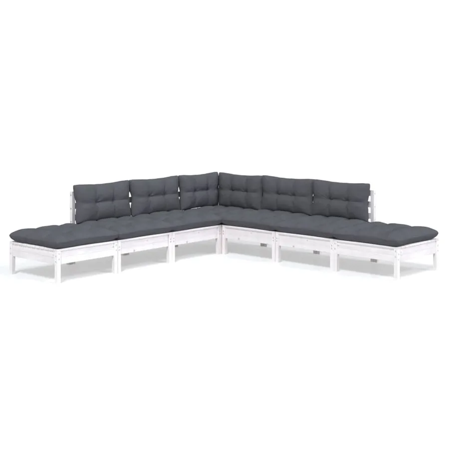 Salon de jardin 7 pcs avec coussins blanc bois de pin - 2