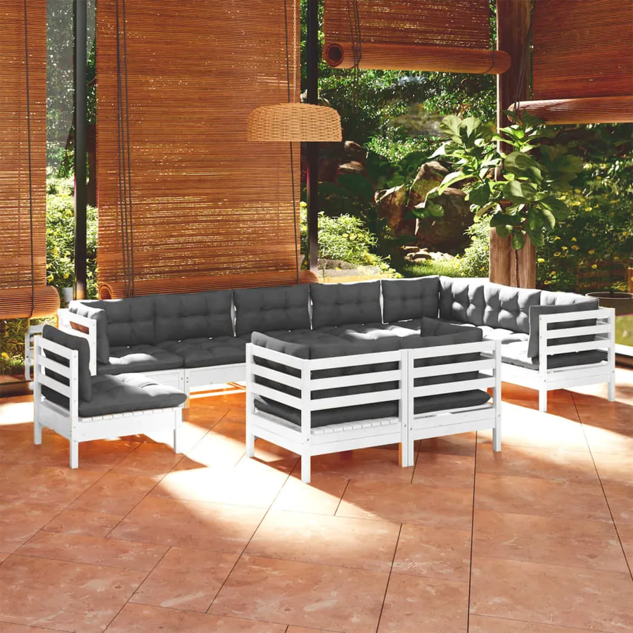 Salon de jardin 10 pcs avec coussins blanc bois de pin massif