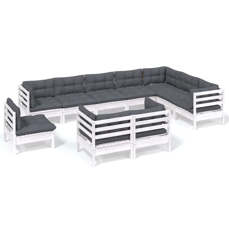 Salon de jardin 10 pcs avec coussins blanc bois de pin massif - 2