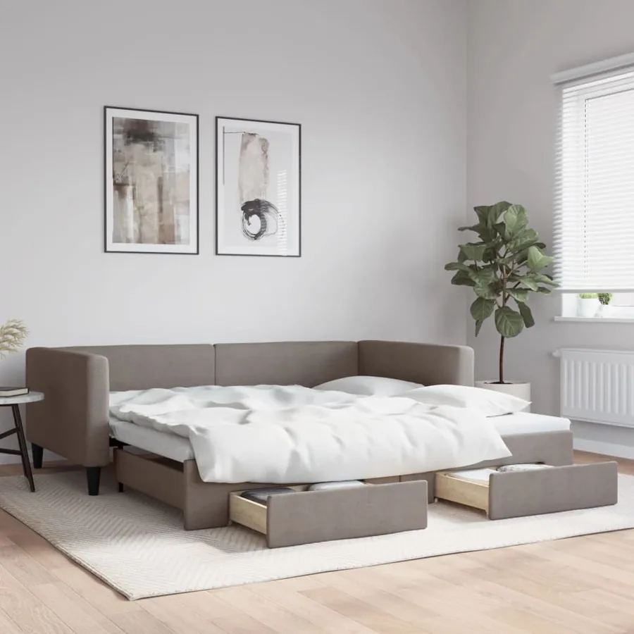 Lit de jour avec gigogne et tiroirs taupe 100x200 cm tissu