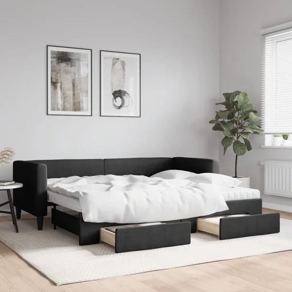 Lit de jour avec gigogne et tiroirs noir 80x200 cm tissu