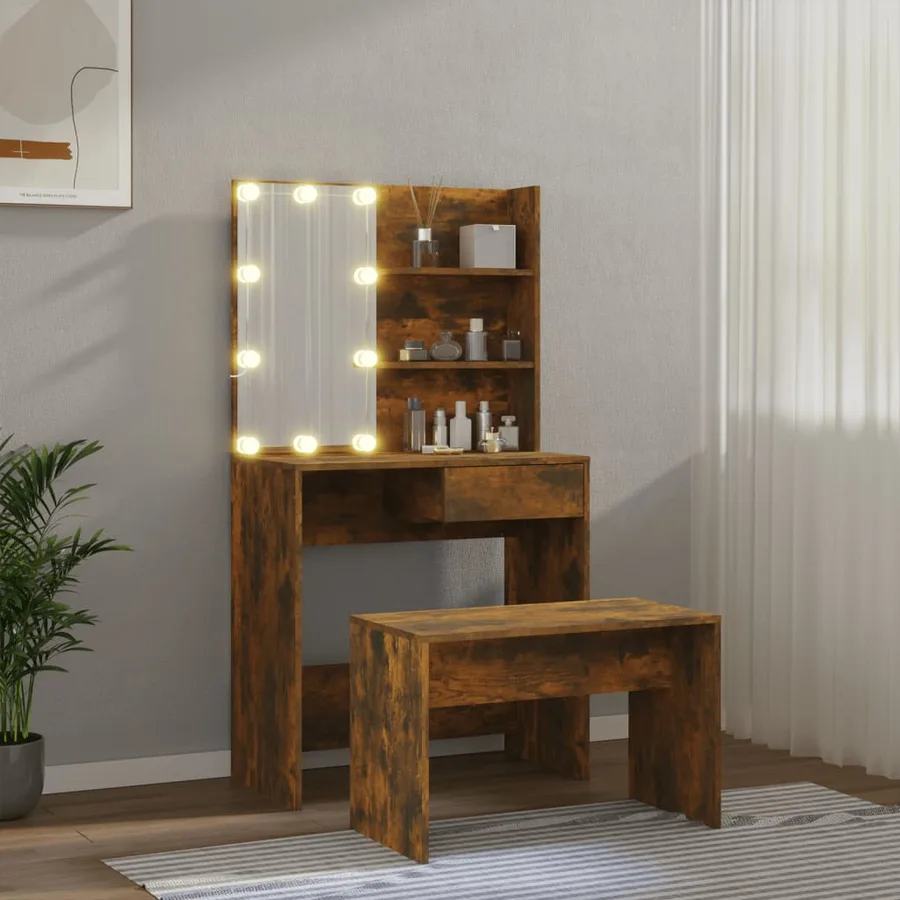 Ensemble de coiffeuse avec LED Chêne fumé Bois d'ingénierie - 3