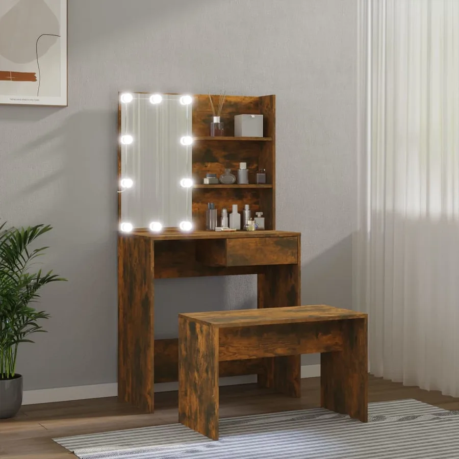 Ensemble de coiffeuse avec LED Chêne fumé Bois d'ingénierie - 4