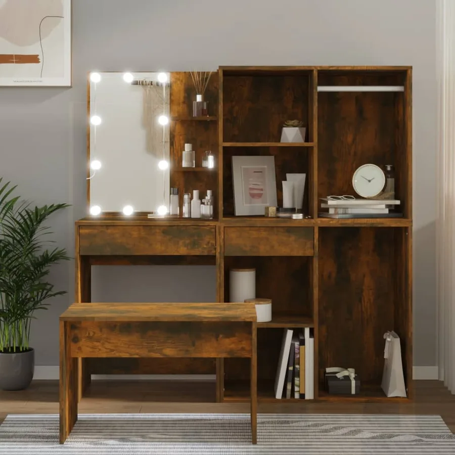 Ensemble de coiffeuse avec LED Chêne fumé Bois d'ingénierie - 3
