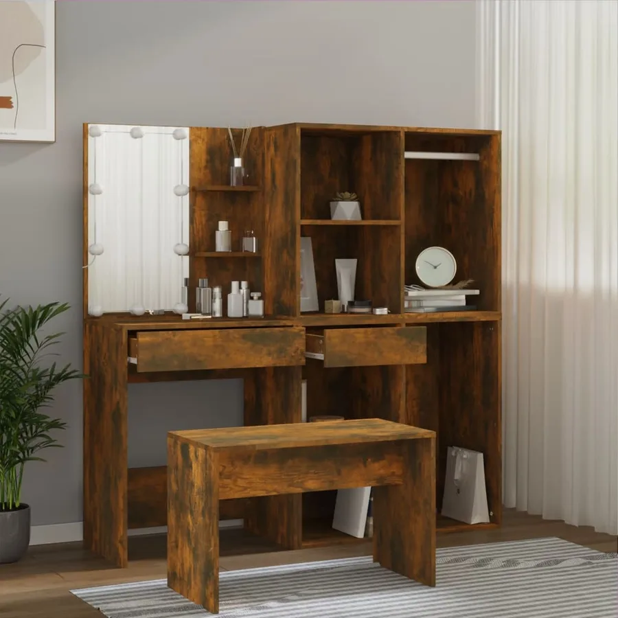 Ensemble de coiffeuse avec LED Chêne fumé Bois d'ingénierie - 4