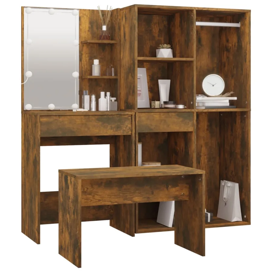 Ensemble de coiffeuse avec LED Chêne fumé Bois d'ingénierie - 5