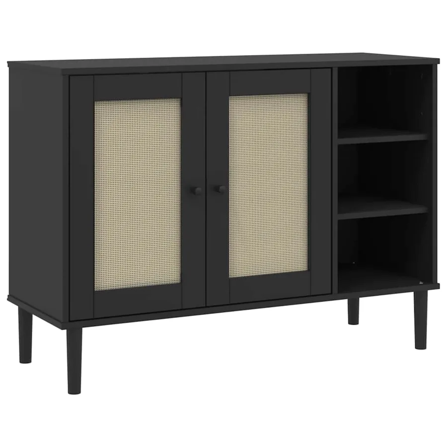 Buffet SENJA aspect rotin noir 112x40x80cm bois massif de pin - 2