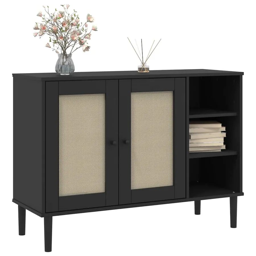 Buffet SENJA aspect rotin noir 112x40x80cm bois massif de pin - 3