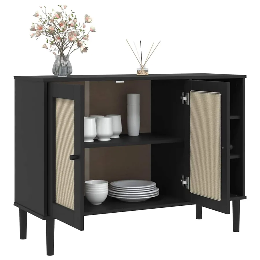 Buffet SENJA aspect rotin noir 112x40x80cm bois massif de pin - 4