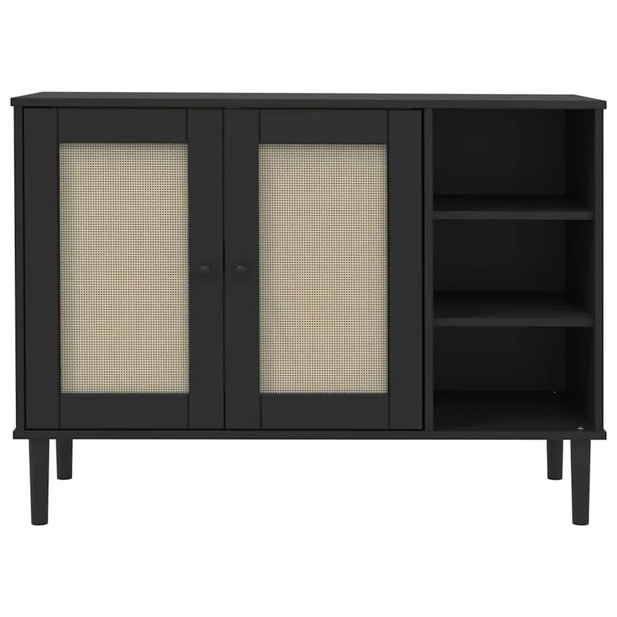 Buffet SENJA aspect rotin noir 112x40x80cm bois massif de pin - 5