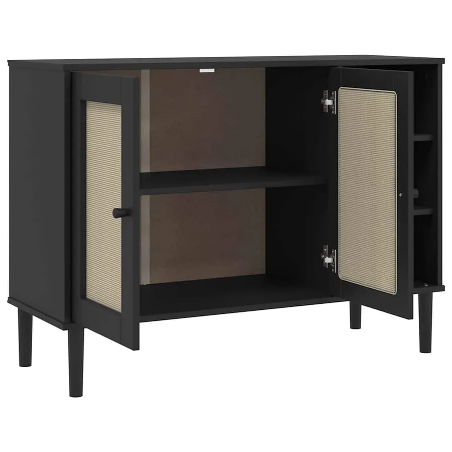 Buffet SENJA aspect rotin noir 112x40x80cm bois massif de pin - 6