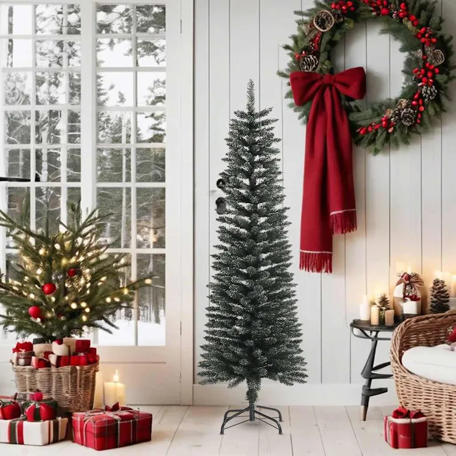 Sapin de Noël artificiel mince avec support Vert 150 cm PVC - 2