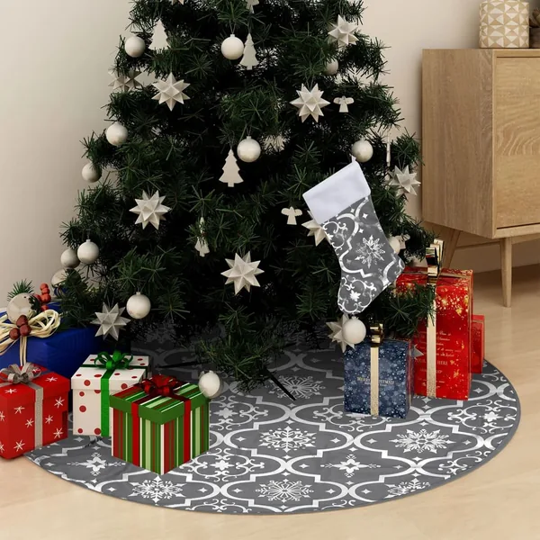 Jupe de sapin de Noël de luxe avec chaussette Gris 90 cm Tissu