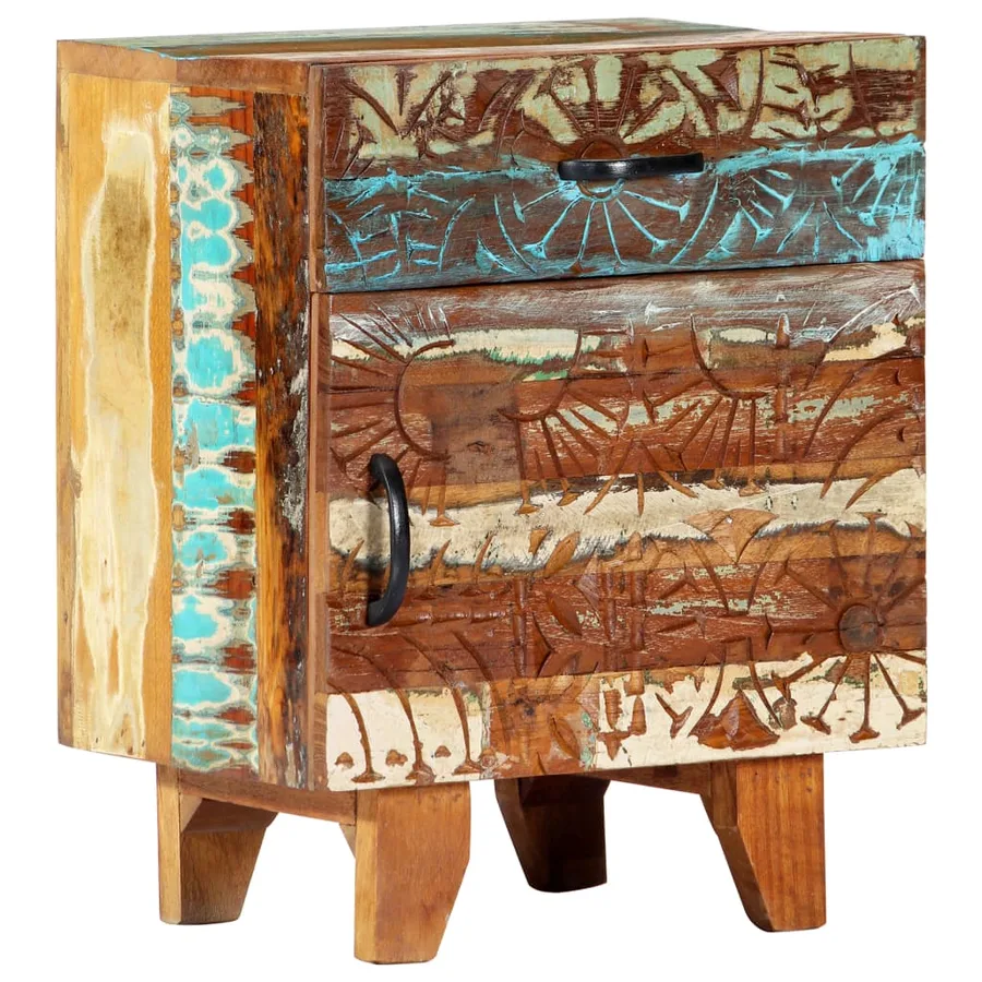 Table de chevet sculptée à la main 40x30x50cm Bois récupération - 11