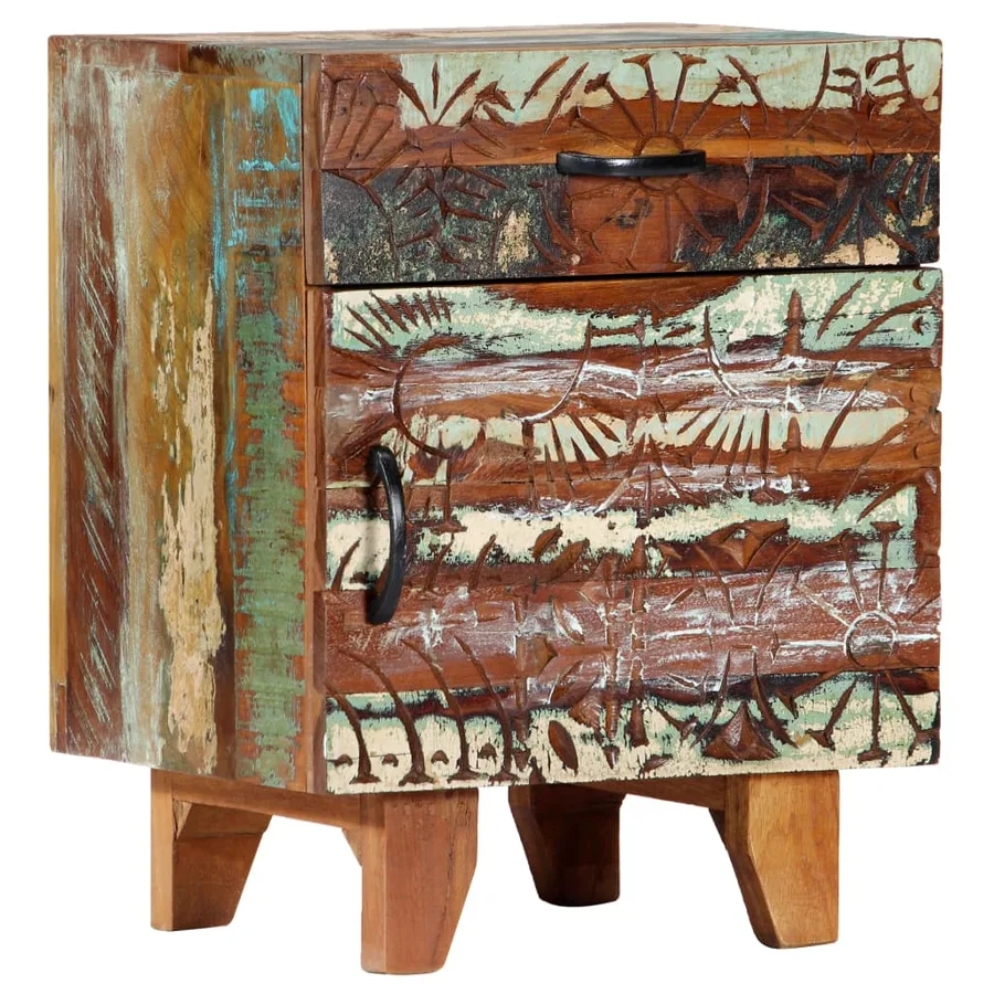 Table de chevet sculptée à la main 40x30x50cm Bois récupération - 12
