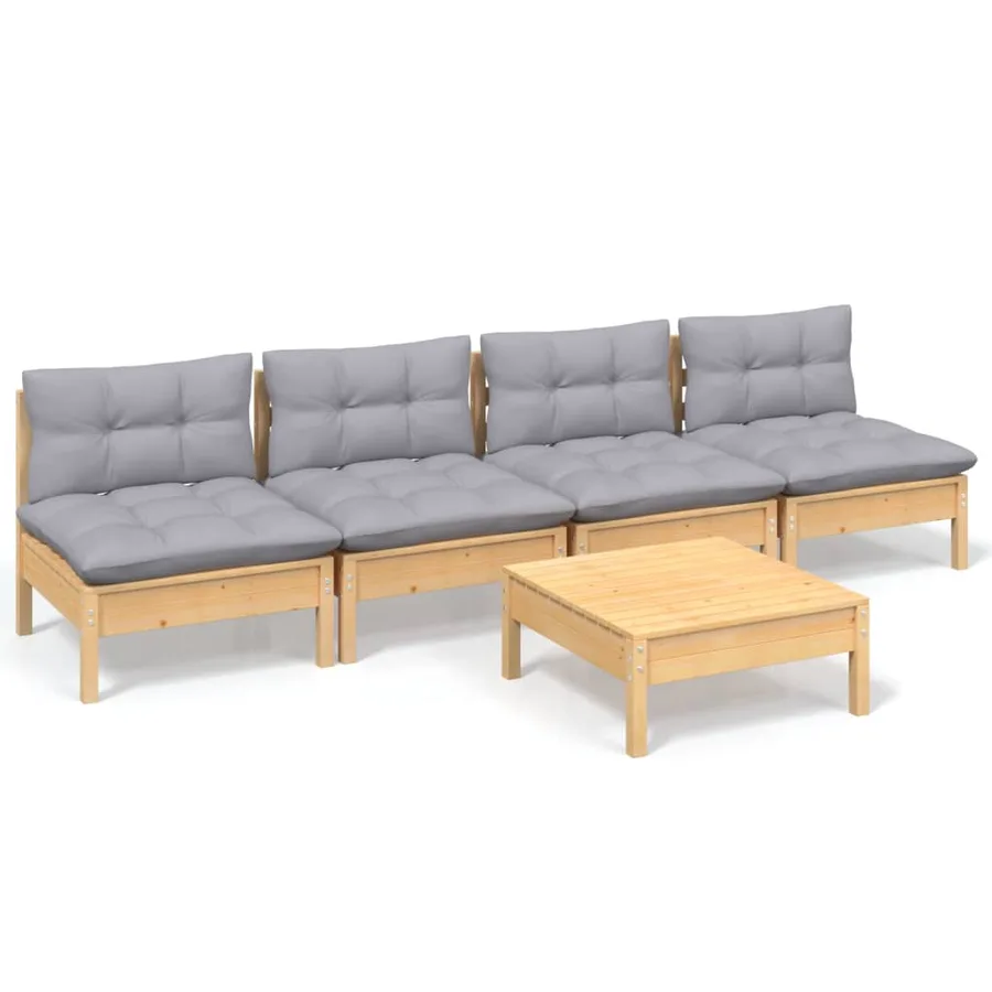 Salon de jardin 5 pcs avec coussins gris bois de pin - 2