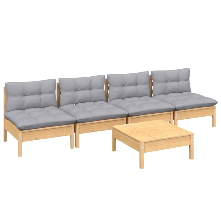 Salon de jardin 5 pcs avec coussins gris bois de pin - 3