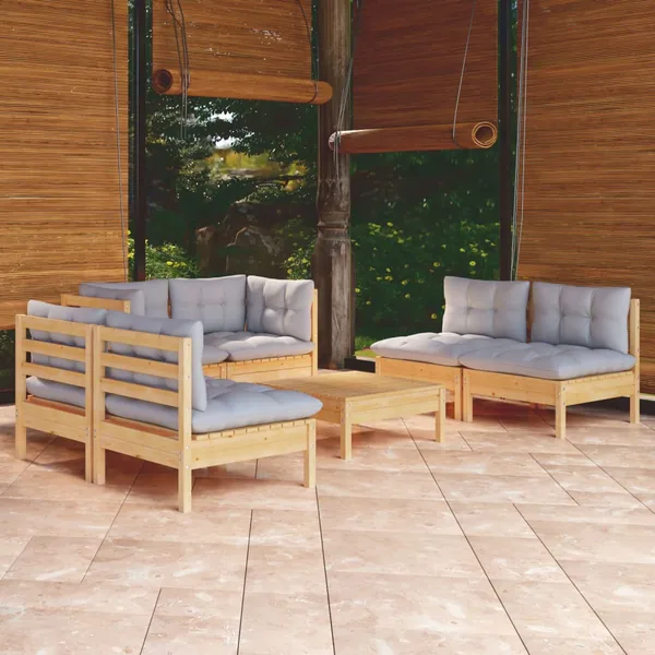 Salon de jardin 7 pcs avec coussins gris bois de pin massif
