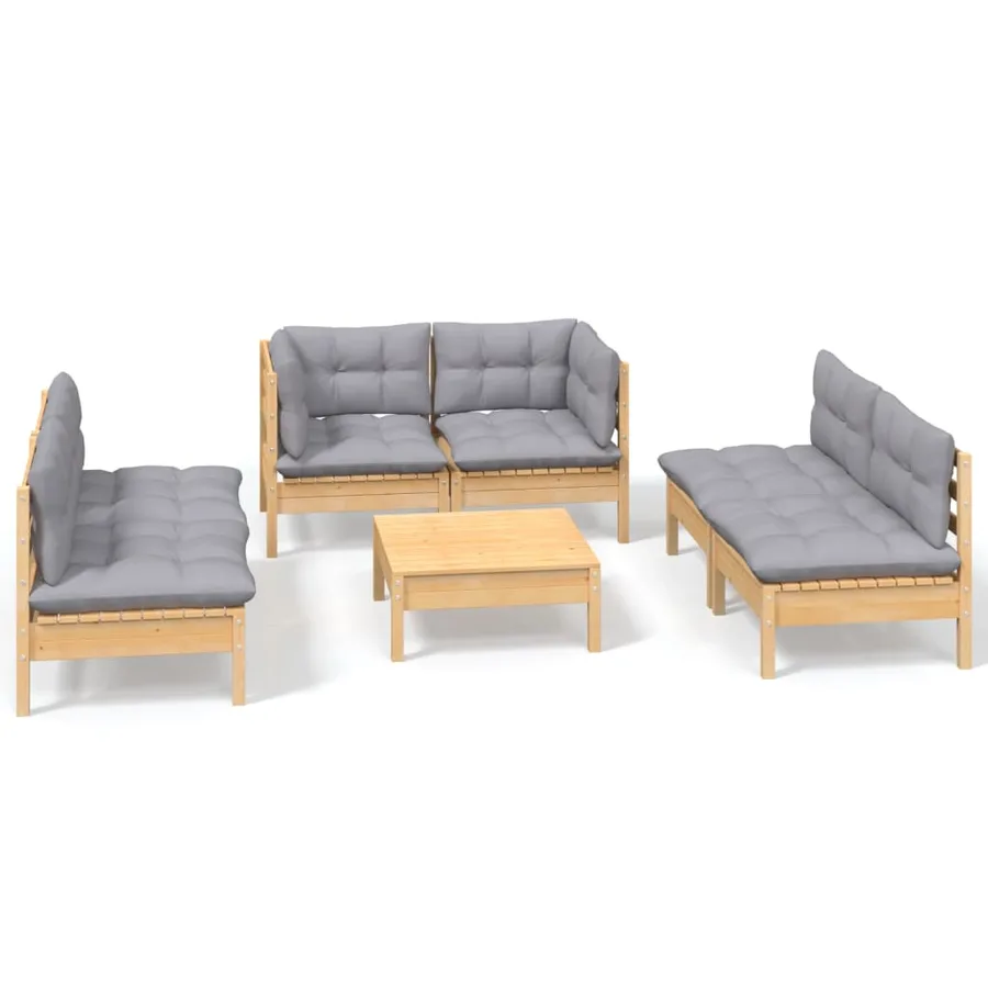 Salon de jardin 7 pcs avec coussins gris bois de pin massif - 2