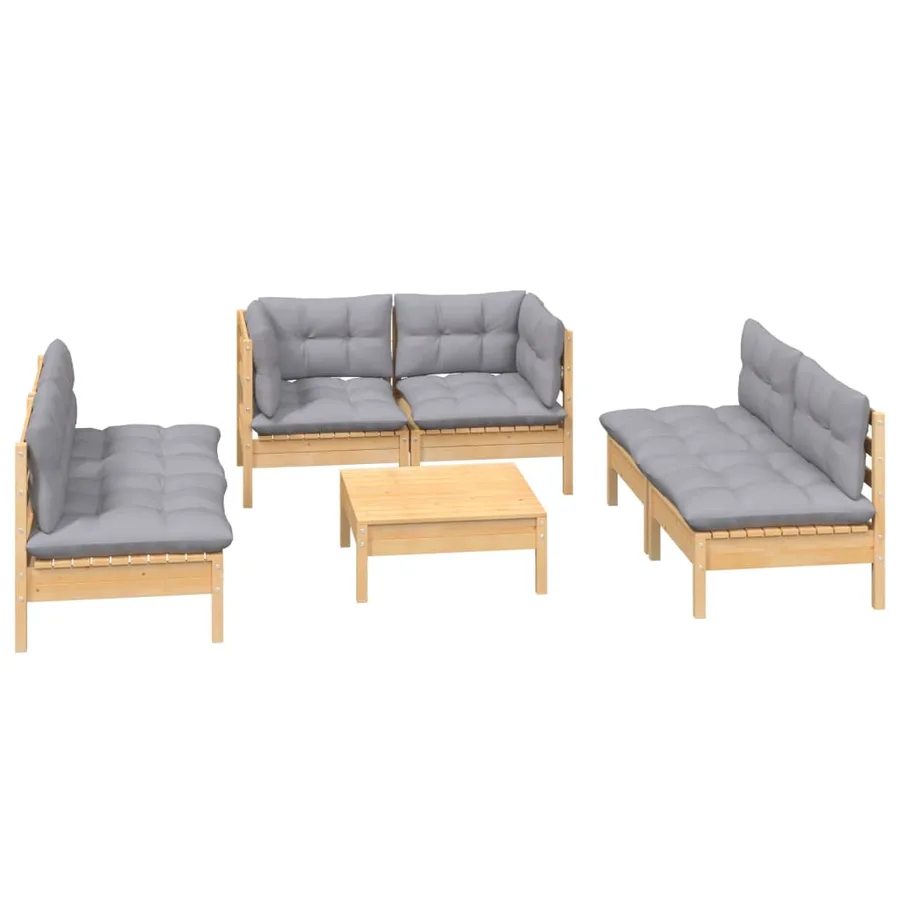 Salon de jardin 7 pcs avec coussins gris bois de pin massif - 3