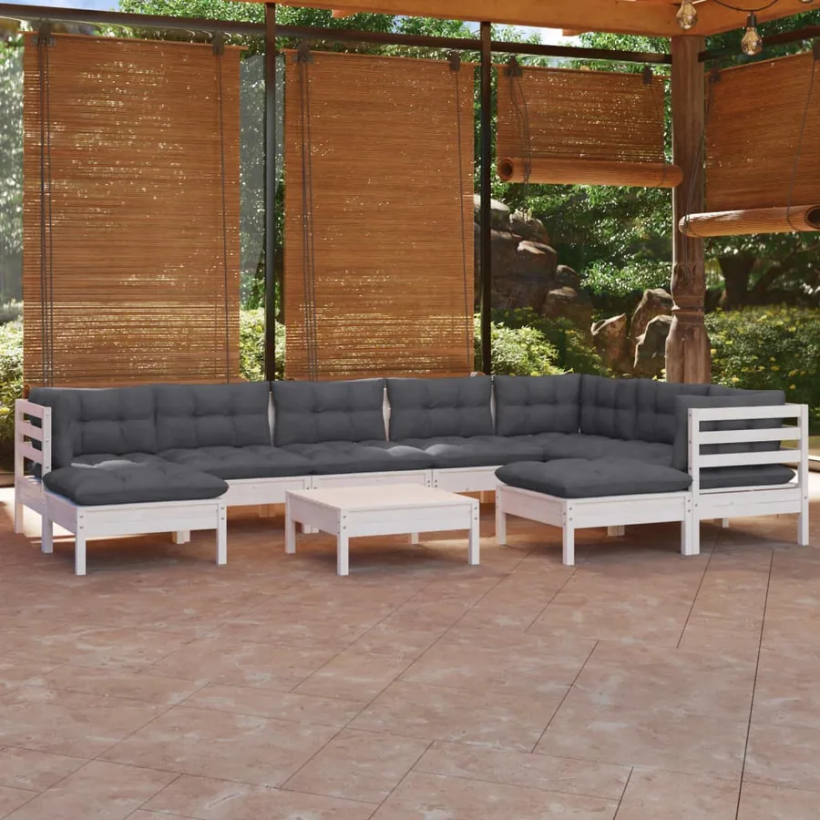 Salon de jardin 10 pcs avec coussins blanc bois de pin massif