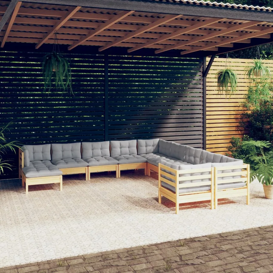Salon de jardin 11 pcs avec coussins gris bois de pin