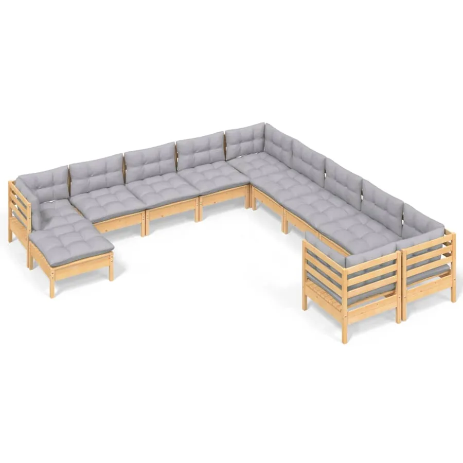 Salon de jardin 11 pcs avec coussins gris bois de pin - 2