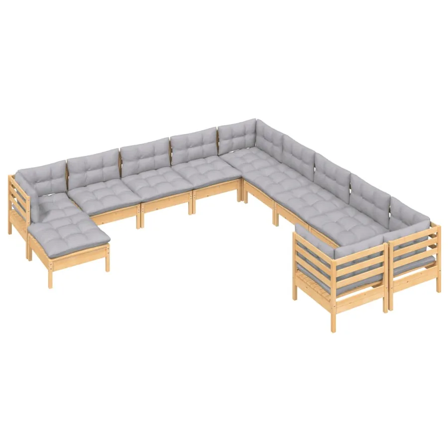 Salon de jardin 11 pcs avec coussins gris bois de pin - 3