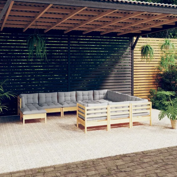 Salon de jardin 11 pcs avec coussins gris bois de pin