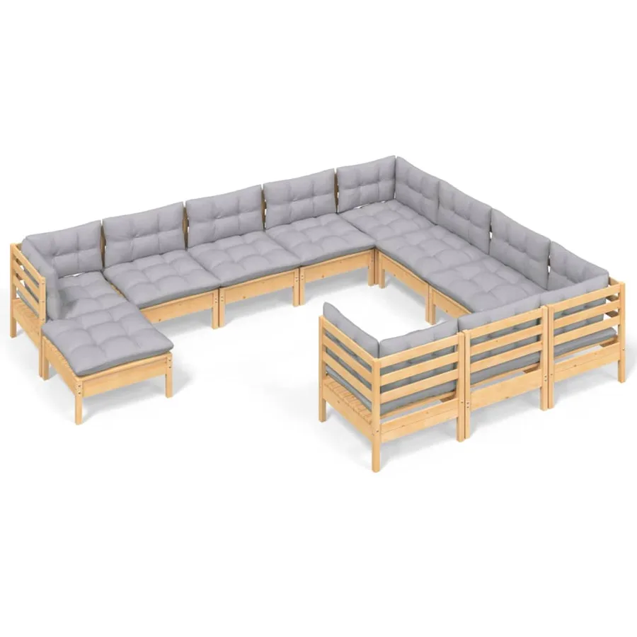 Salon de jardin 11 pcs avec coussins gris bois de pin - 2