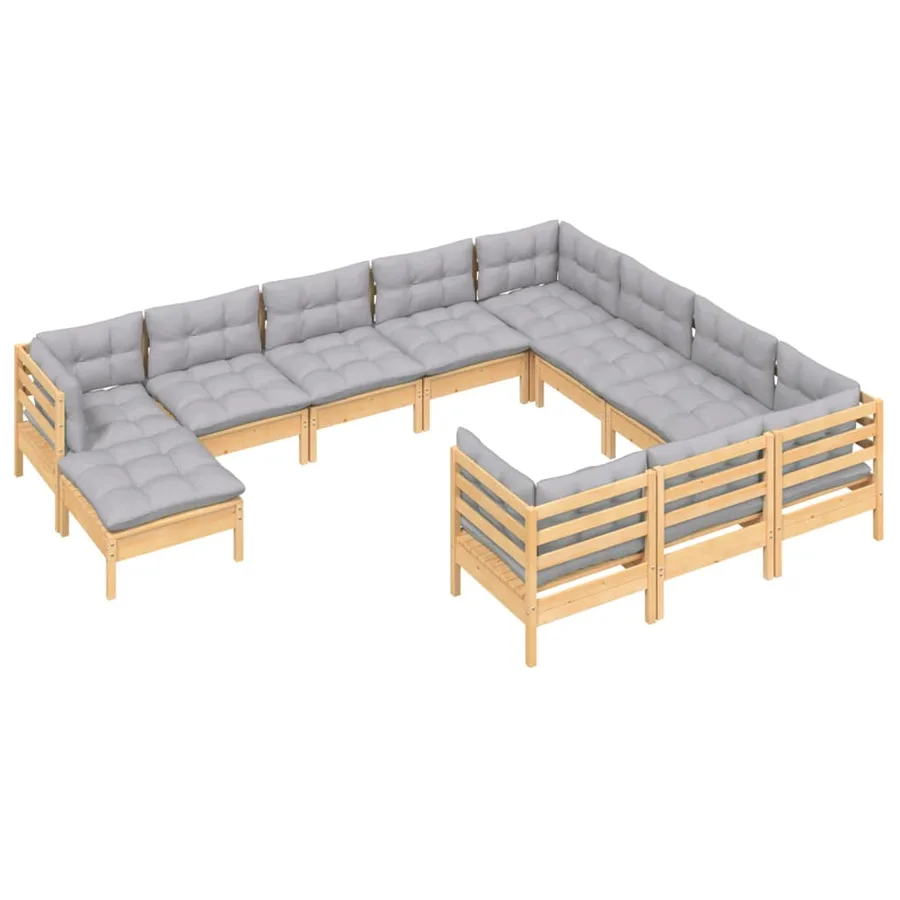 Salon de jardin 11 pcs avec coussins gris bois de pin - 3