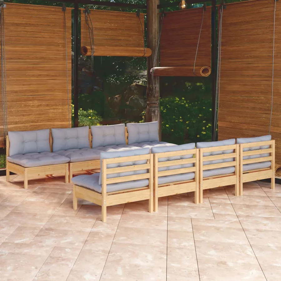 Salon de jardin 9 pcs avec coussins gris bois de pin massif