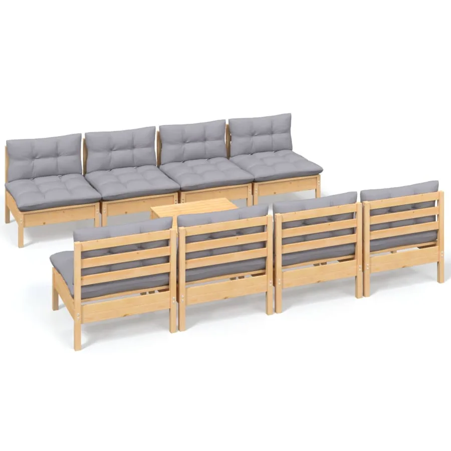 Salon de jardin 9 pcs avec coussins gris bois de pin massif - 2
