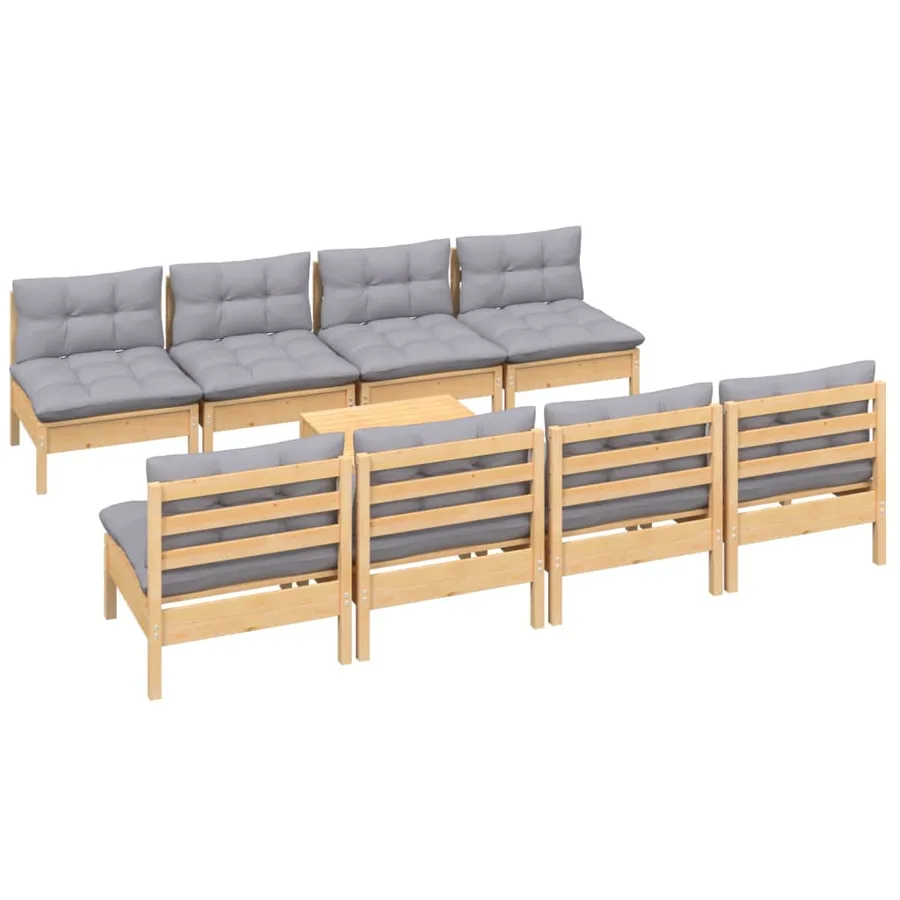 Salon de jardin 9 pcs avec coussins gris bois de pin massif - 3